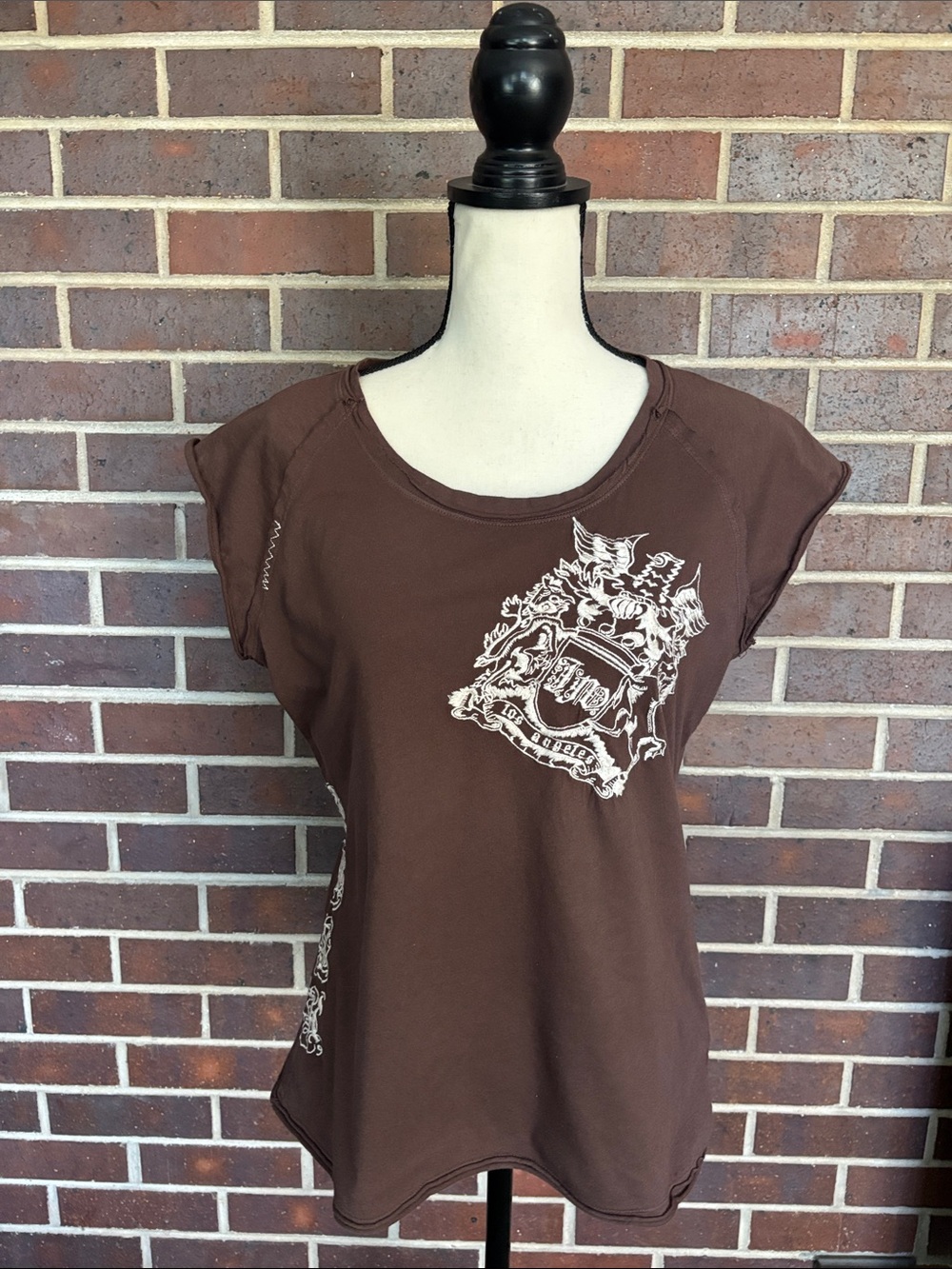 Vintage JW Johnny Was Los Angeles Brown Embroidered Crew Cap T-Shirt Sz L